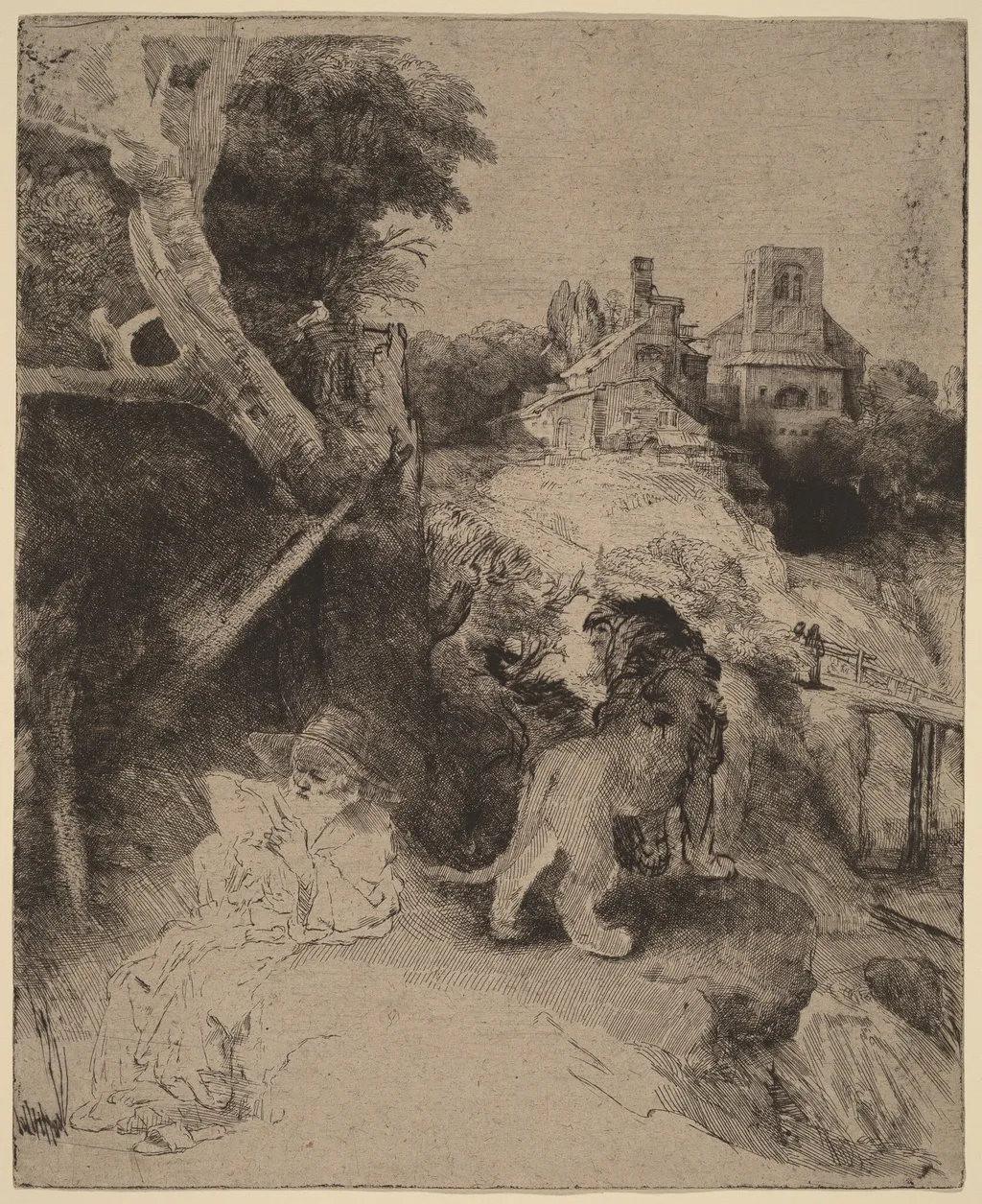 Saint Jerome Reading in an Italian Landscape, by Rembrandt van Rijn, ink, 1653