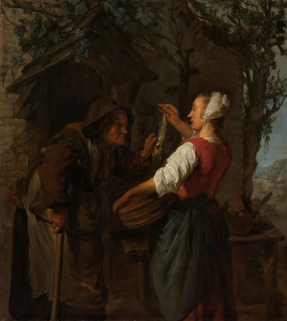Woman selling herring, by Gabriel Metsu, oil, 1661