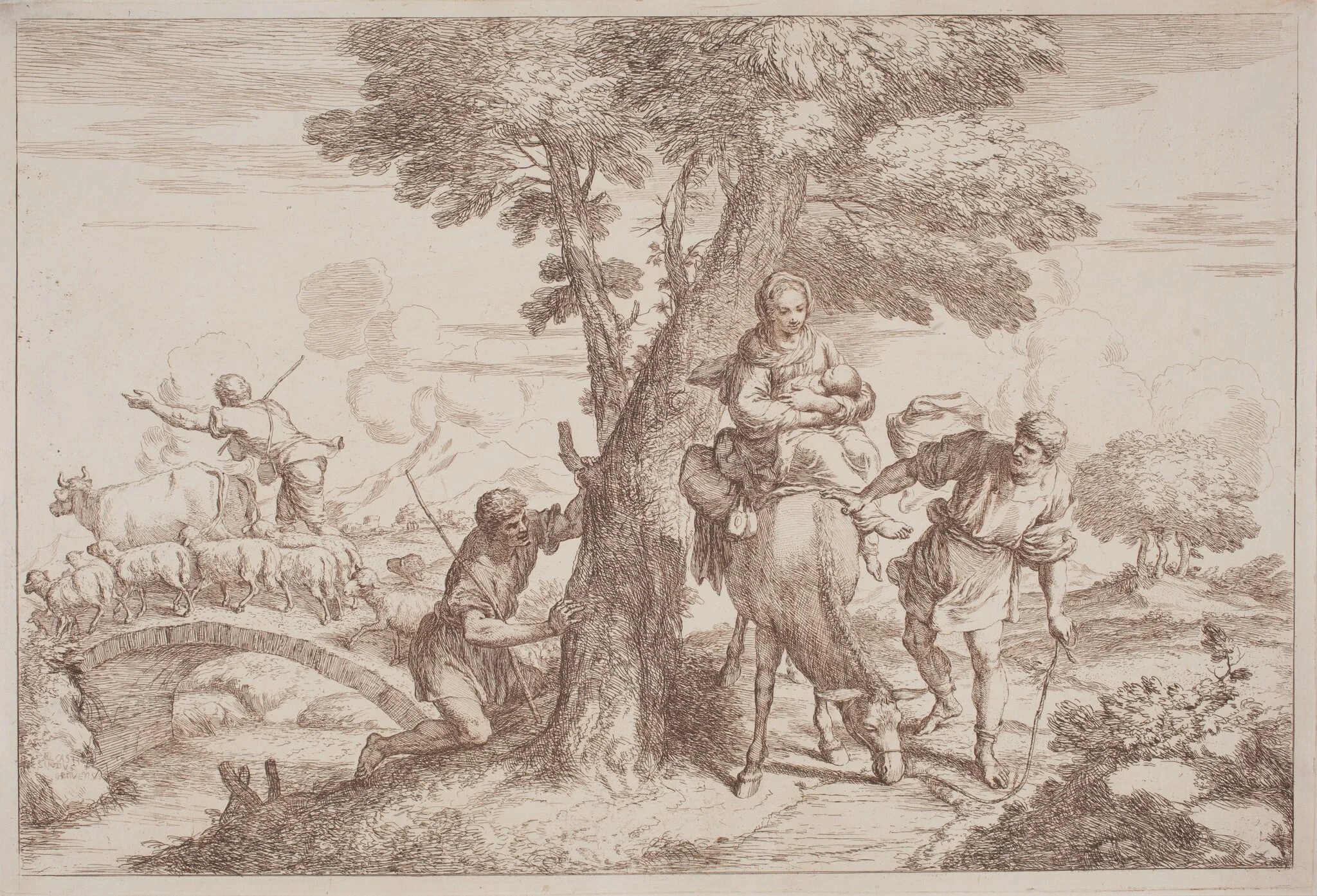 The Flight into Egypt with a Shepherd Watching from Behind a Tree, detail