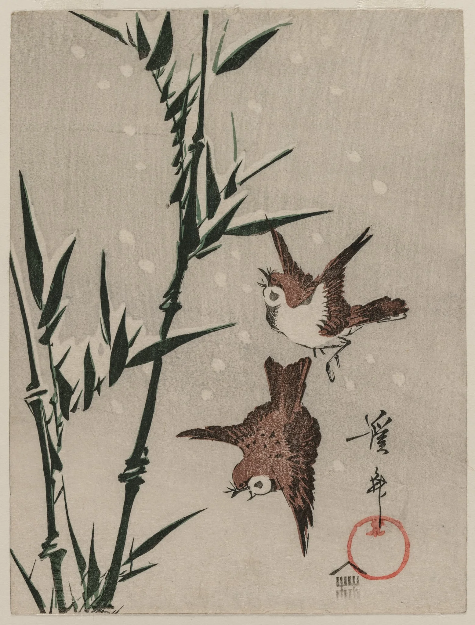 Sparrows, Bamboo and Falling Snow, detail