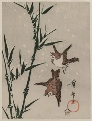 Sparrows, Bamboo and Falling Snow, by Keisai Eisen, 1824