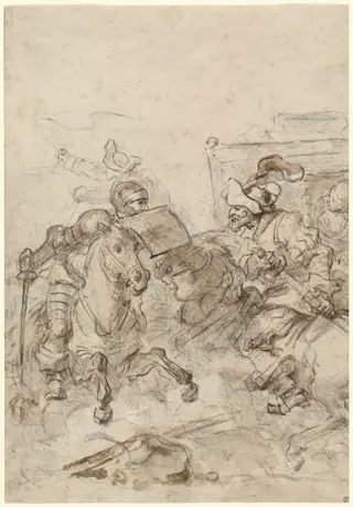 Don Quixote Attacking the Biscayan, by Jean Honoré Fragonard, charcoal, 1784