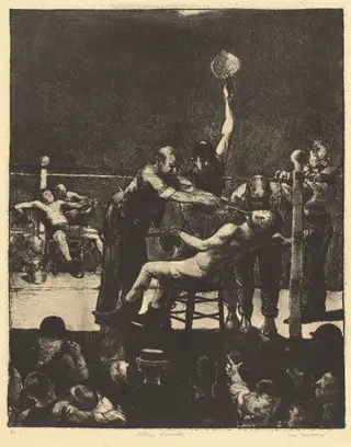 Between Rounds, large, first stone, by George Bellows, ink, 1916