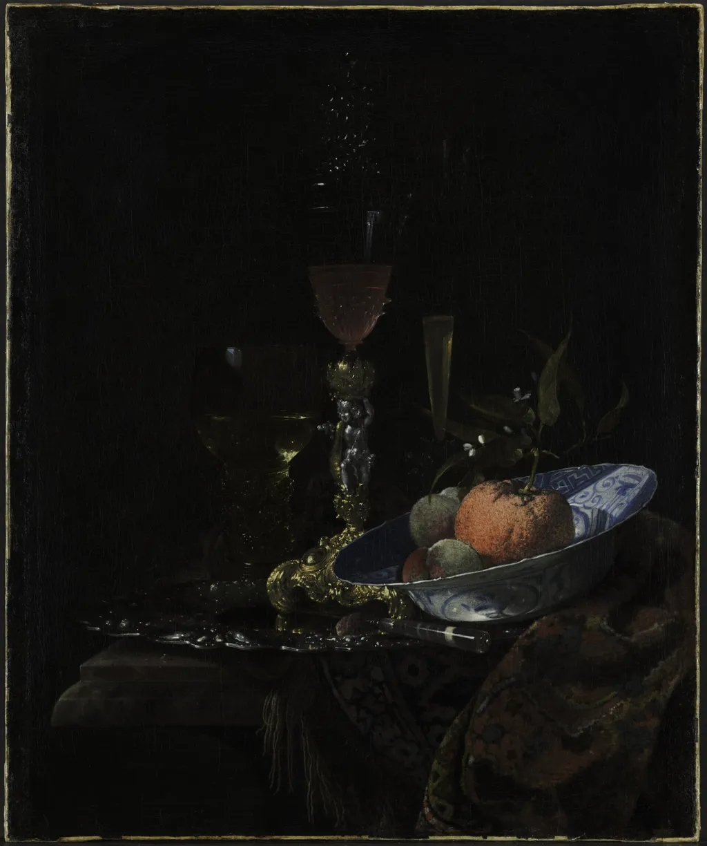 Wineglass and a Bowl of Fruit, by Willem Kalf, oil, 1663