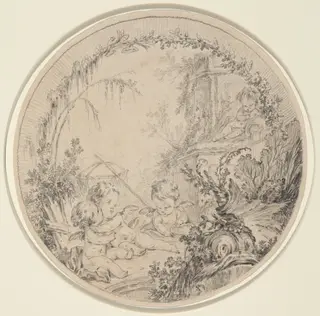 Three Putti with a Fishing Net, by Charles Eisen, chalk, 1749