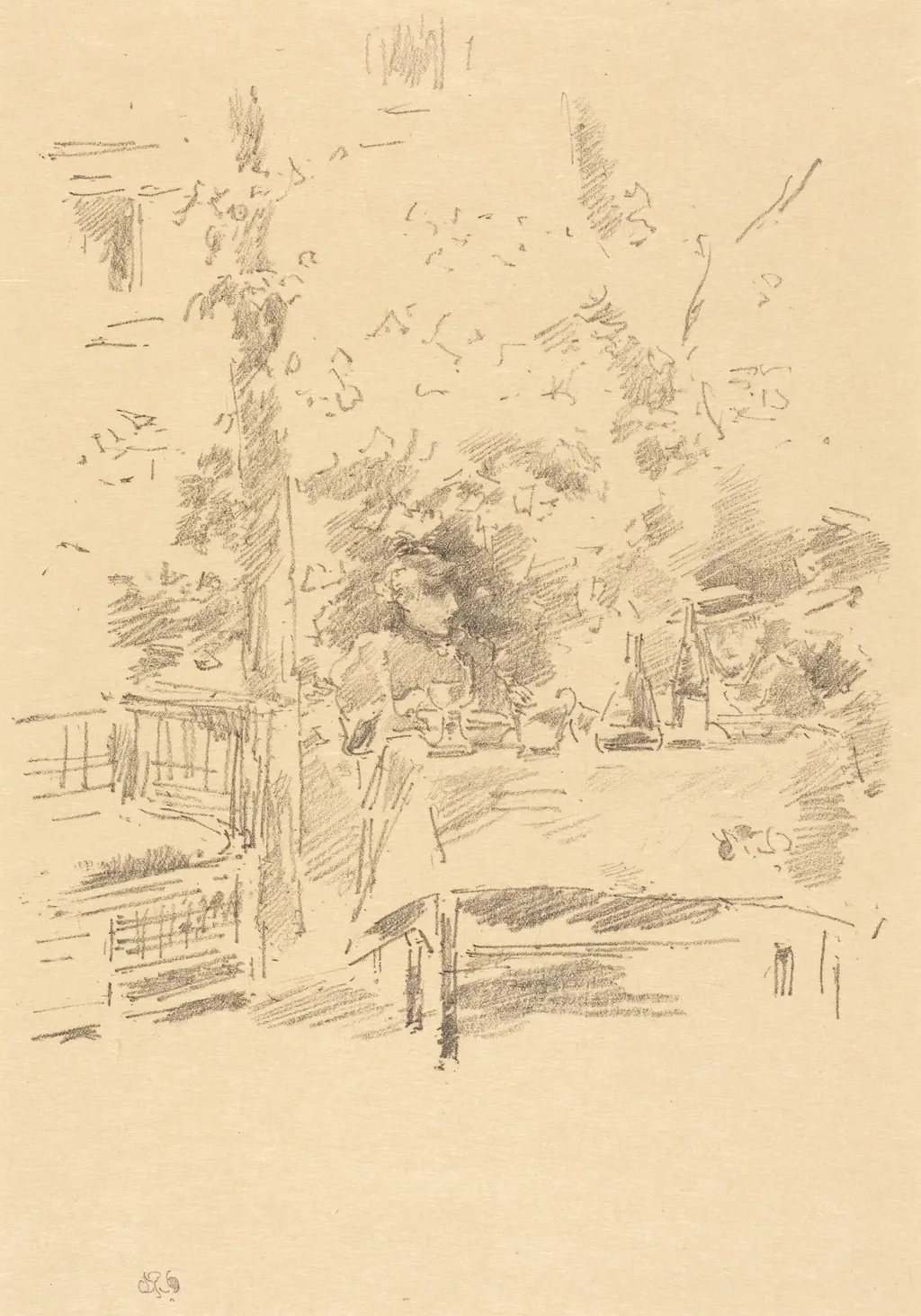 Tête-à-tête in the Garden, by James McNeill Whistler, ink, 1894