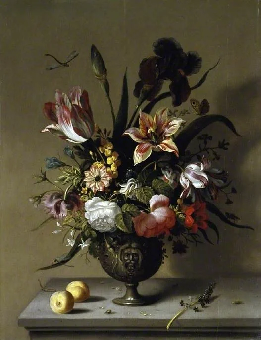 Metal vase of flowers, detail