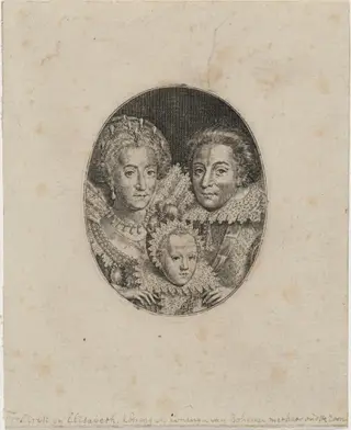 Frederick V, Elizabeth, and Prince Frederick Frederick Henry, by Simon van de Passe, ink, 1621