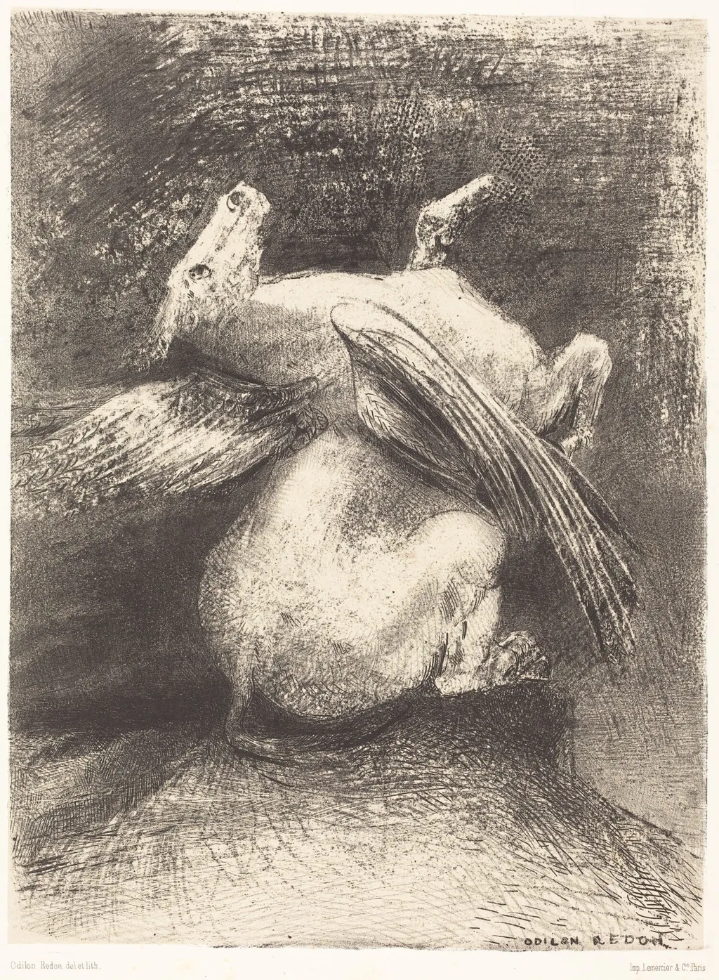 L'Aile impuissante n'eleva point la bete en ces noirs espaces (The impotent wing did not lift the animal into that black space, by Odilon Redon, ink, 1883