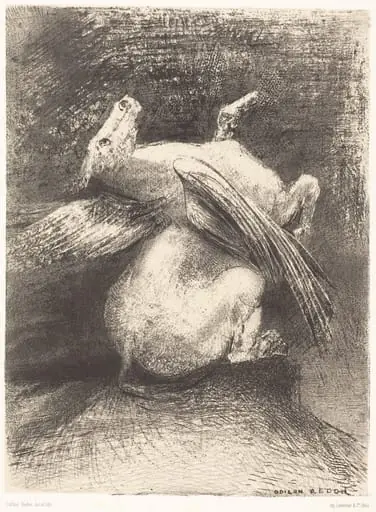 L'Aile impuissante n'eleva point la bete en ces noirs espaces (The impotent wing did not lift the animal into that black space, by Odilon Redon, ink, 1883