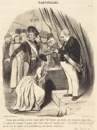 Comme quoi, au village, la vertu la plus grêlée..., by Honoré Daumier, ink, 1845