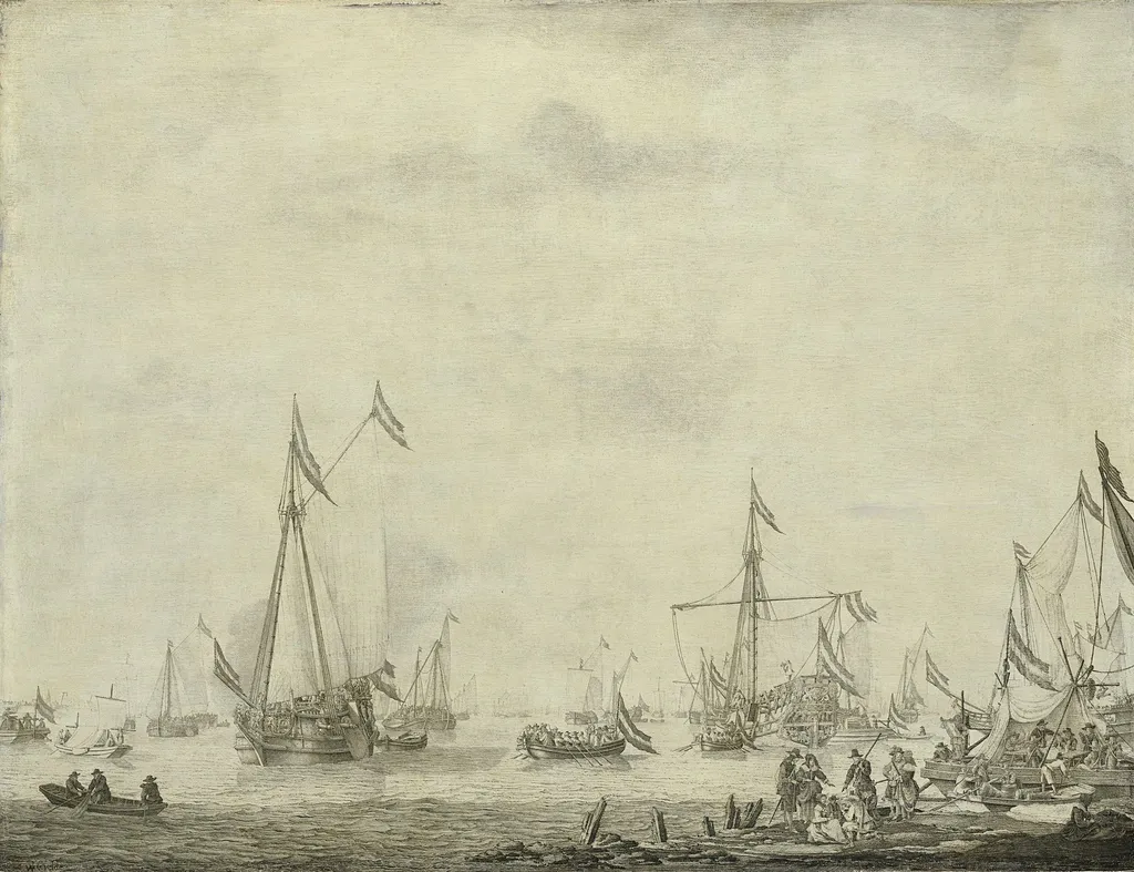 The prince's yacht and the sate yacht leaving Moerdijk with Charles II of England on board, 1660, by Willem van de Velde the elder, ink, 1688
