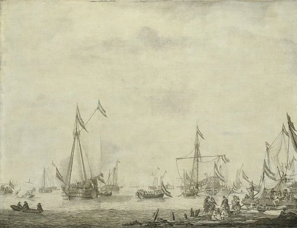 The prince's yacht and the sate yacht leaving Moerdijk with Charles II of England on board, 1660, by Willem van de Velde the elder, ink, 1688