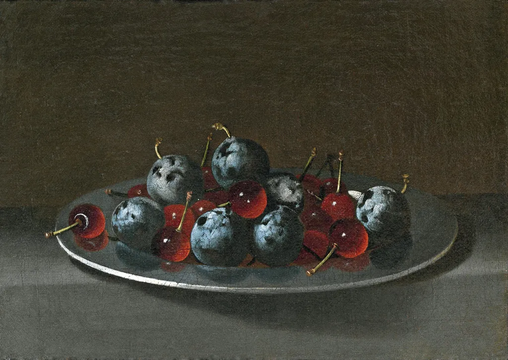 Plate with Plums and Morello Cherries, by Juan van der Hamen, oil, 1627