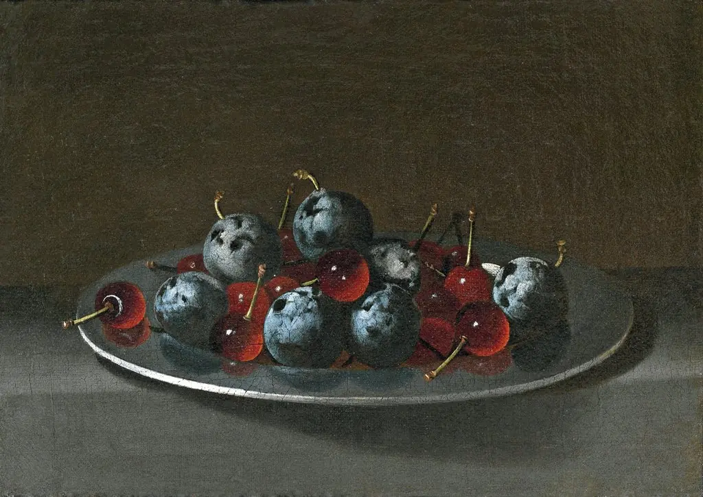 Plate with Plums and Morello Cherries, by Juan van der Hamen, oil, 1627