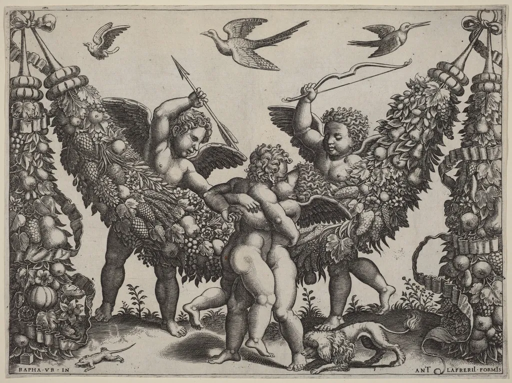 Two Putti...Striking Another Who Is Squeezing a Child, by Master of the Die, ink, 1522