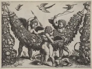 Two Putti...Striking Another Who Is Squeezing a Child, by Master of the Die, ink, 1522