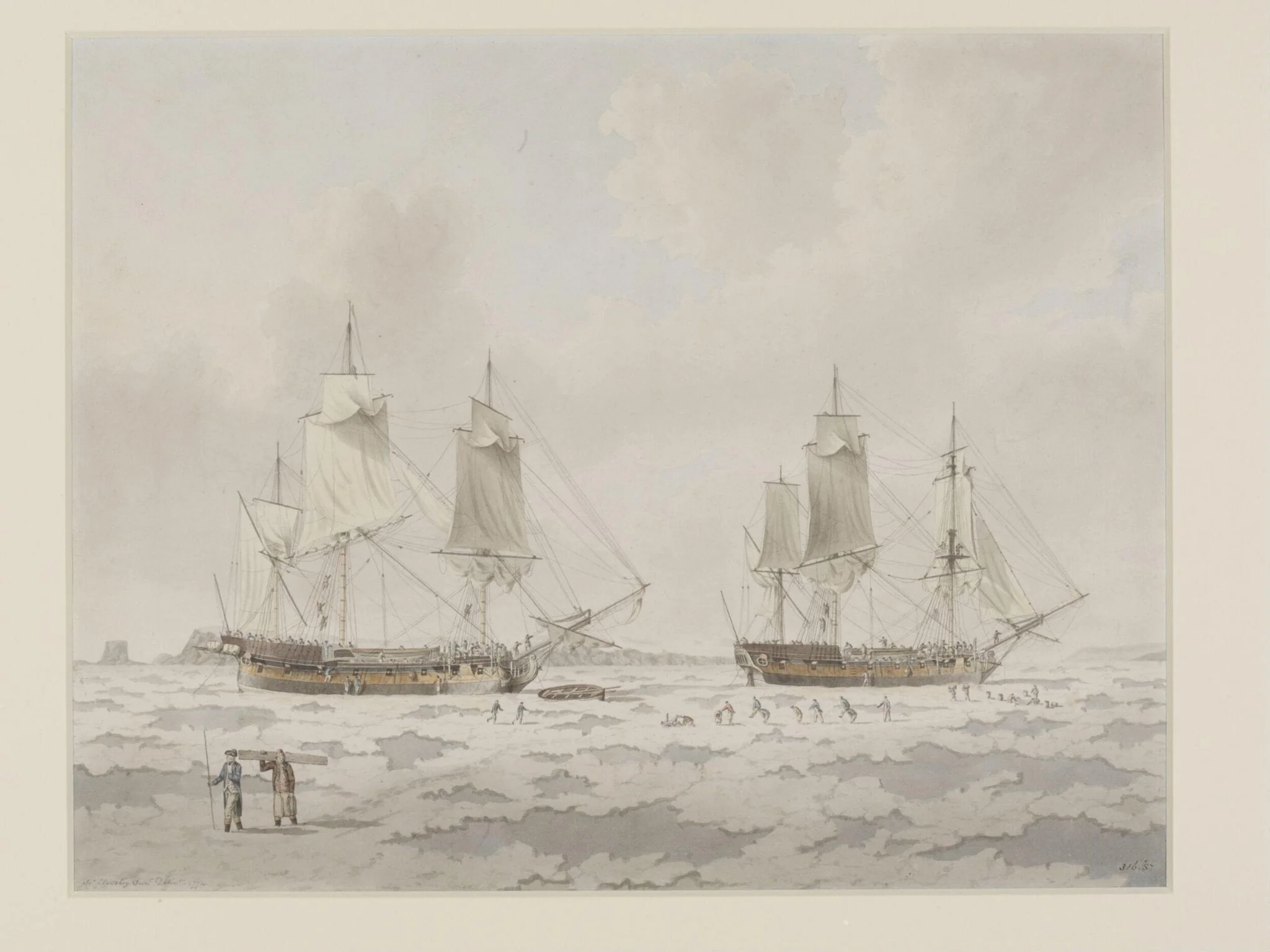 The ships 'Race-horse' and 'Carcass' of Captain Phipps' expedition embedded in ice in the Polar Regions, detail