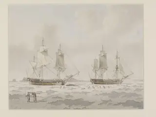 The ships 'Race-horse' and 'Carcass' of Captain Phipps' expedition embedded in ice in the Polar Regions, by John the younger Cleveley, watercolor, 1774