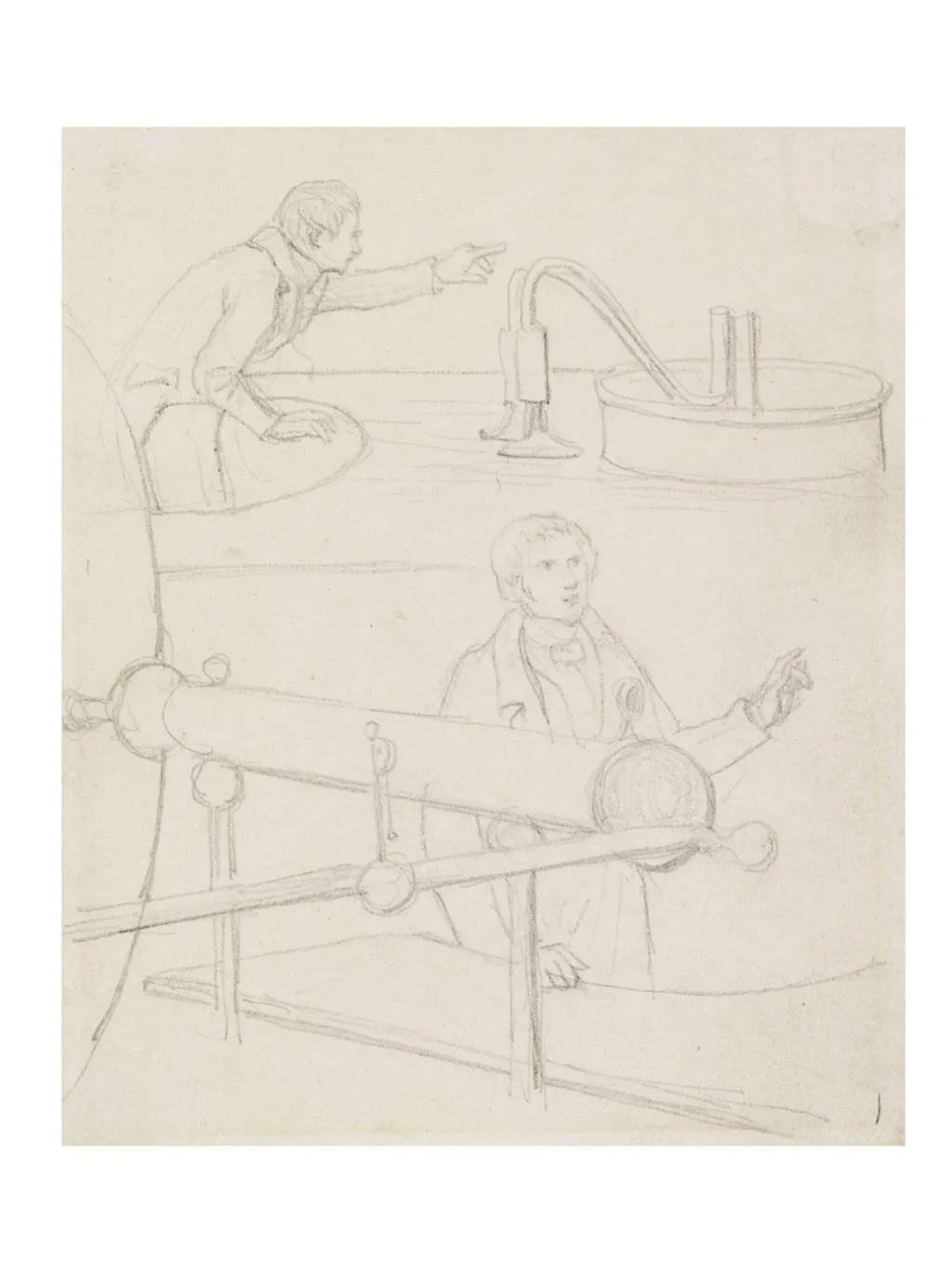 Sketch of two men with large machinery, by Daniel Maclise, 1825