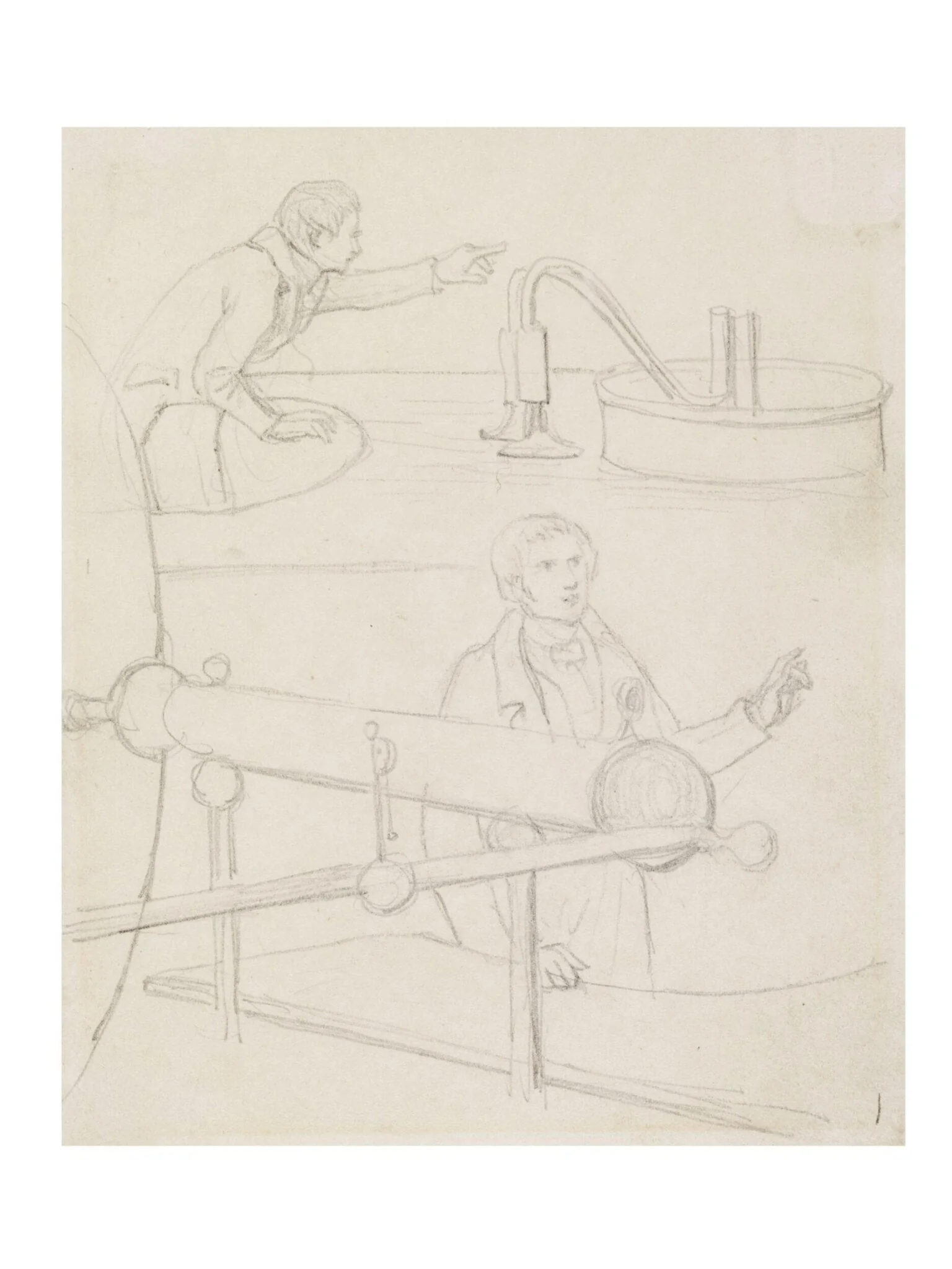 Sketch of two men with large machinery, detail