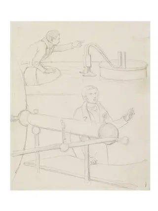 Sketch of two men with large machinery, by Daniel Maclise, 1825