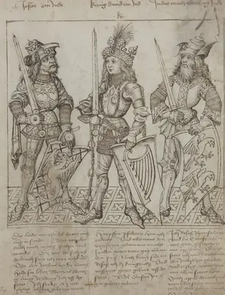 Joshua, King David and Judas Maccabeus, by Primary Master of the Strassburg Chronicle, ink, 1492