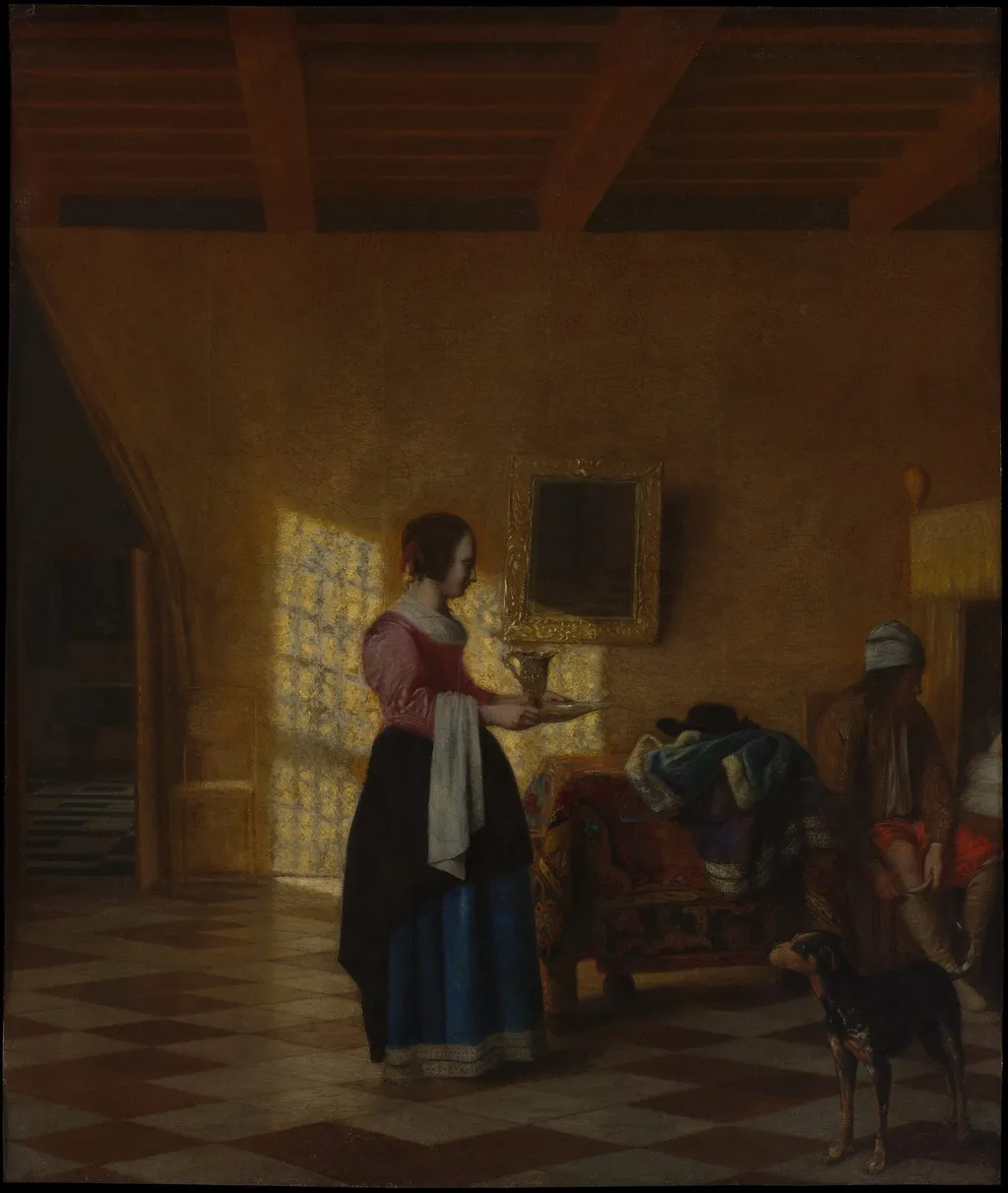 Woman with a Water Pitcher, and a Man by a Bed ("The Maidservant"), by Pieter de Hooch, oil, 1667