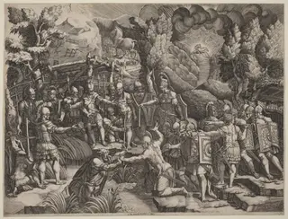 Sinon Deceiving the Trojans, by Giorgio Ghisi, ink, 1545