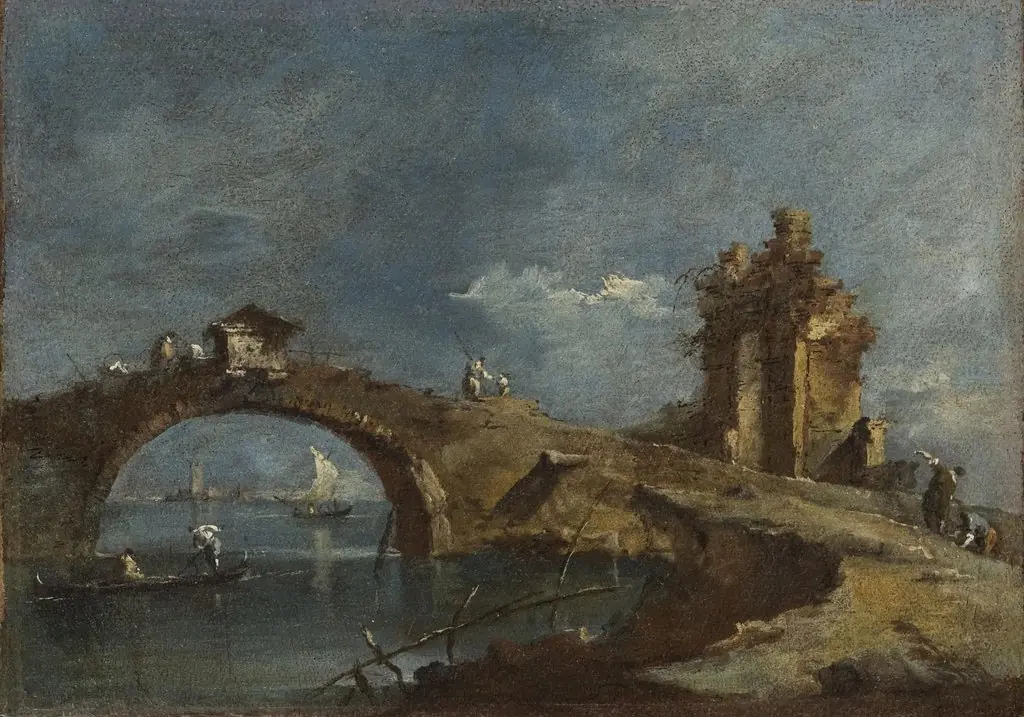 Capriccio with a Bridge, by Francesco Guardi, oil, 1762