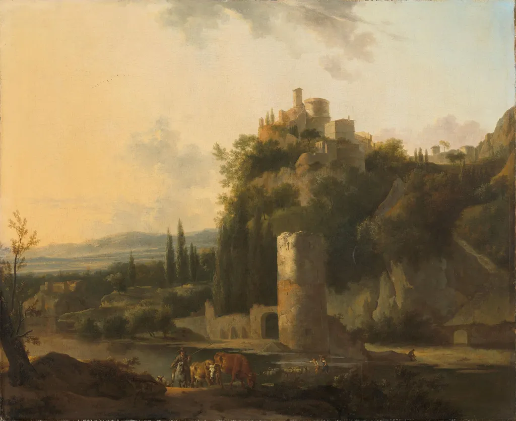 Italina landscape with round tower, by Frederik de Moucheron, unspecified, 1667