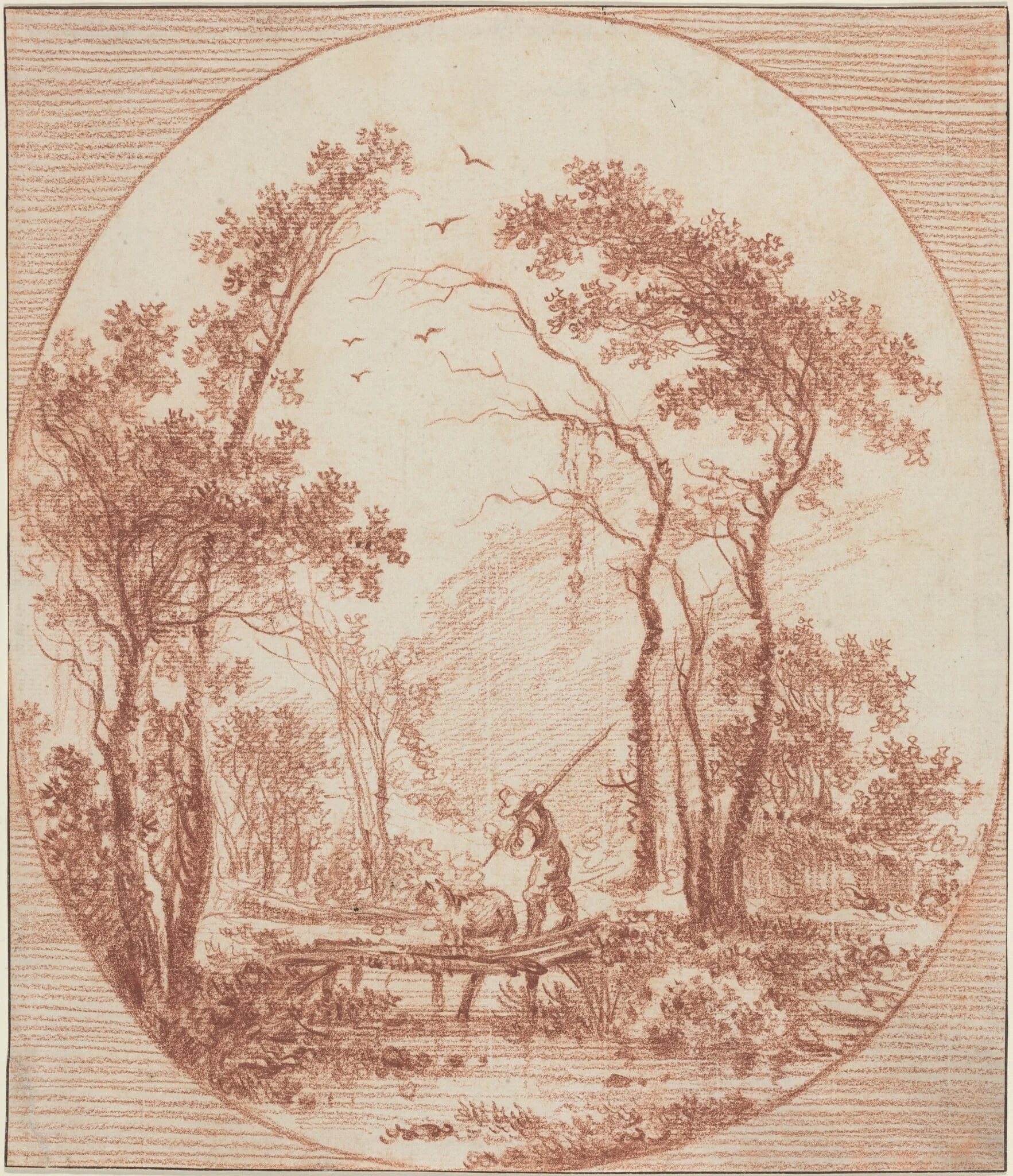 A Farmer and a Sheep Crossing a Rustic Bridge, detail