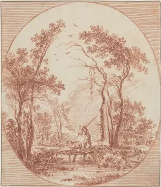 A Farmer and a Sheep Crossing a Rustic Bridge, by Jean-Baptiste Le Prince, chalk, 1758
