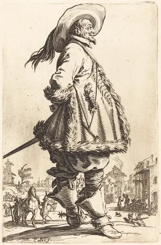 Noble Man with Mantle Trimmed in Fur,  Holding his Hands Behind his Back, by Jacques Callot, ink, 1622