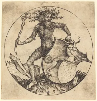 Wild Man Holding a Shield with a Greyhound, by Martin Schongauer, ink, 1485