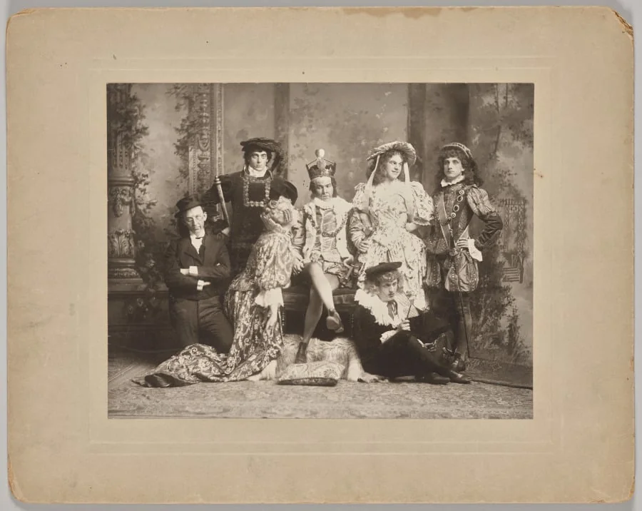 Untitled (theatrical scene with seven costumed figures), detail