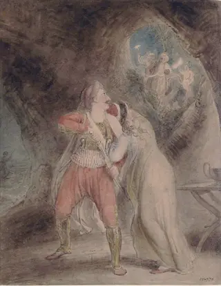 Selim discovered with Zuleika by Giaffir and his men, by Thomas RA Stothard, watercolor, 1824