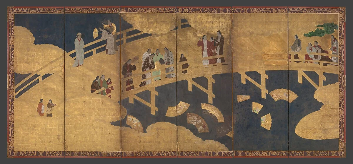 扇流図屏風|Women on a Bridge Tossing Fans into a River, detail