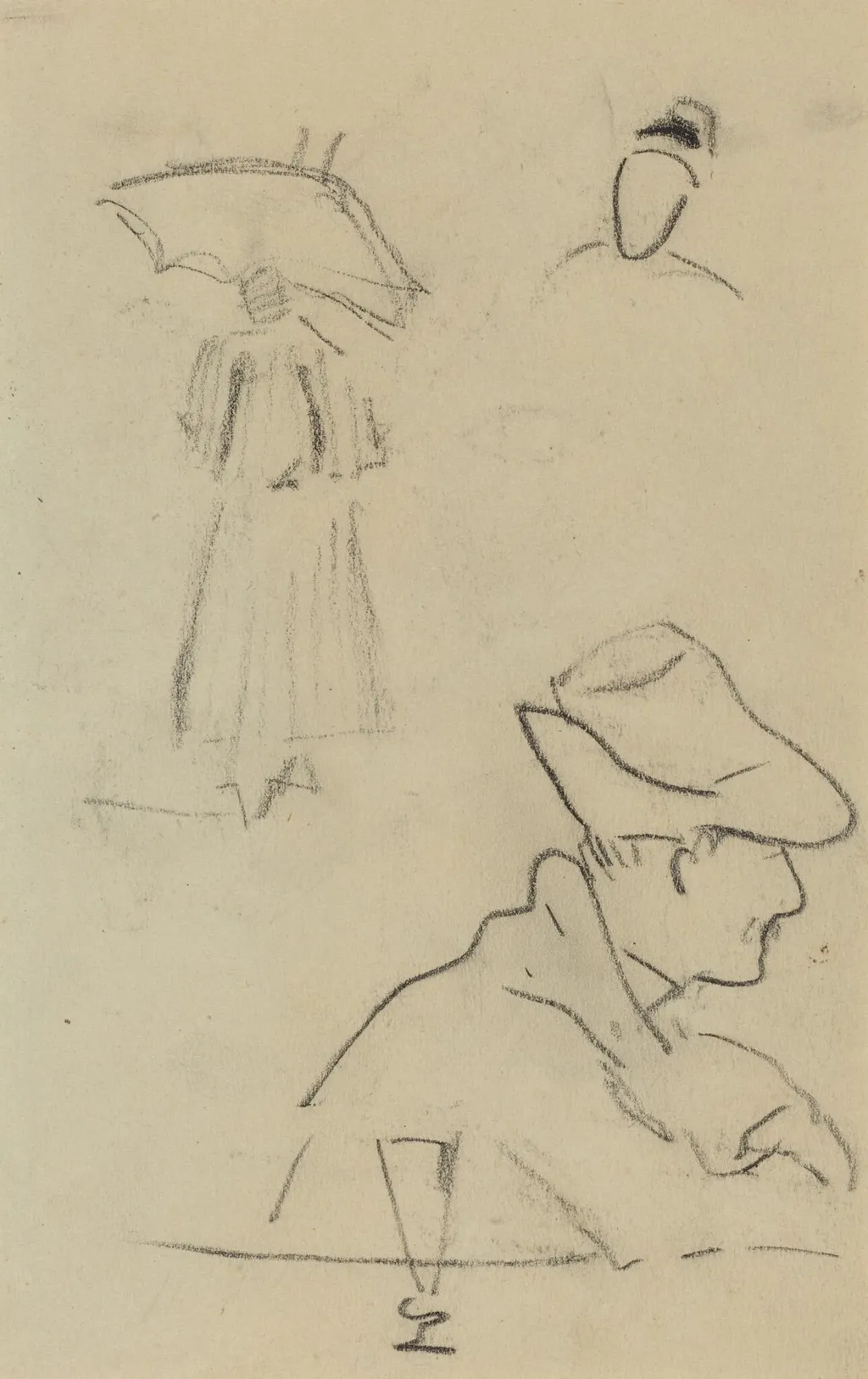 A Person Holding an Umbrella and a Seated Man with a Hat and a Glass [verso], by Paul Gauguin, crayon, 1886
