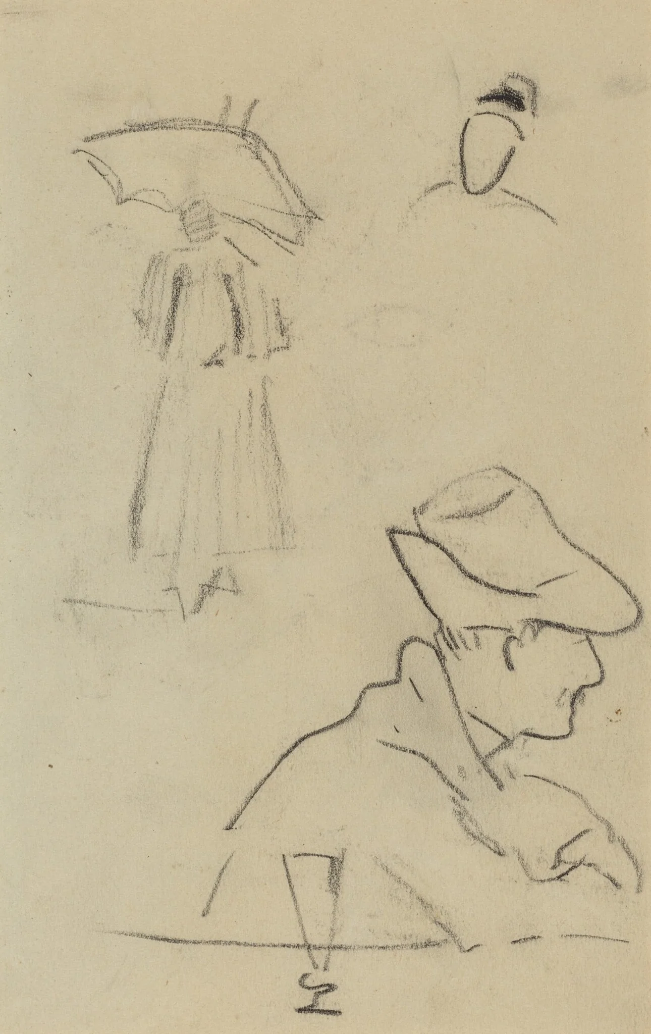 A Person Holding an Umbrella and a Seated Man with a Hat and a Glass [verso], detail