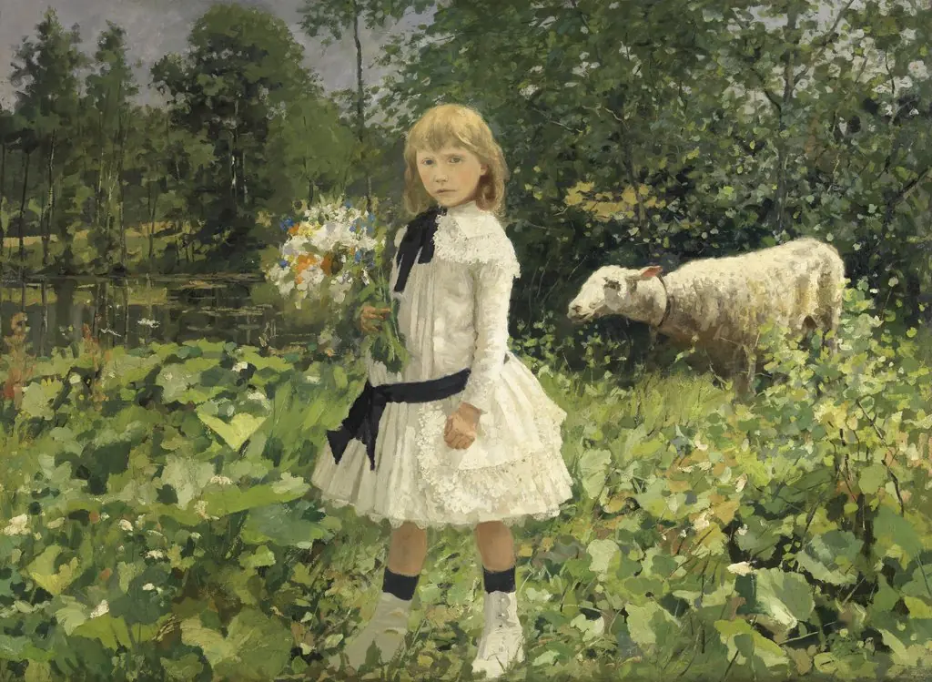 Miss Strobbe in a Park, by Jean-Baptiste Degreef, oil, 1890