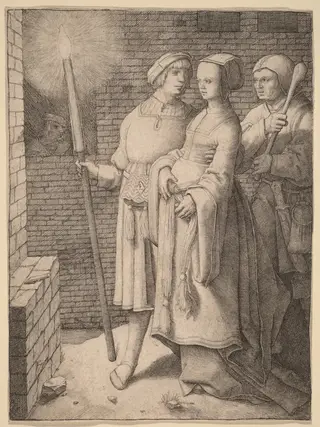 The Man with the Torch and a Woman Followed by a Fool, by Lucas van Leyden, ink, 1508
