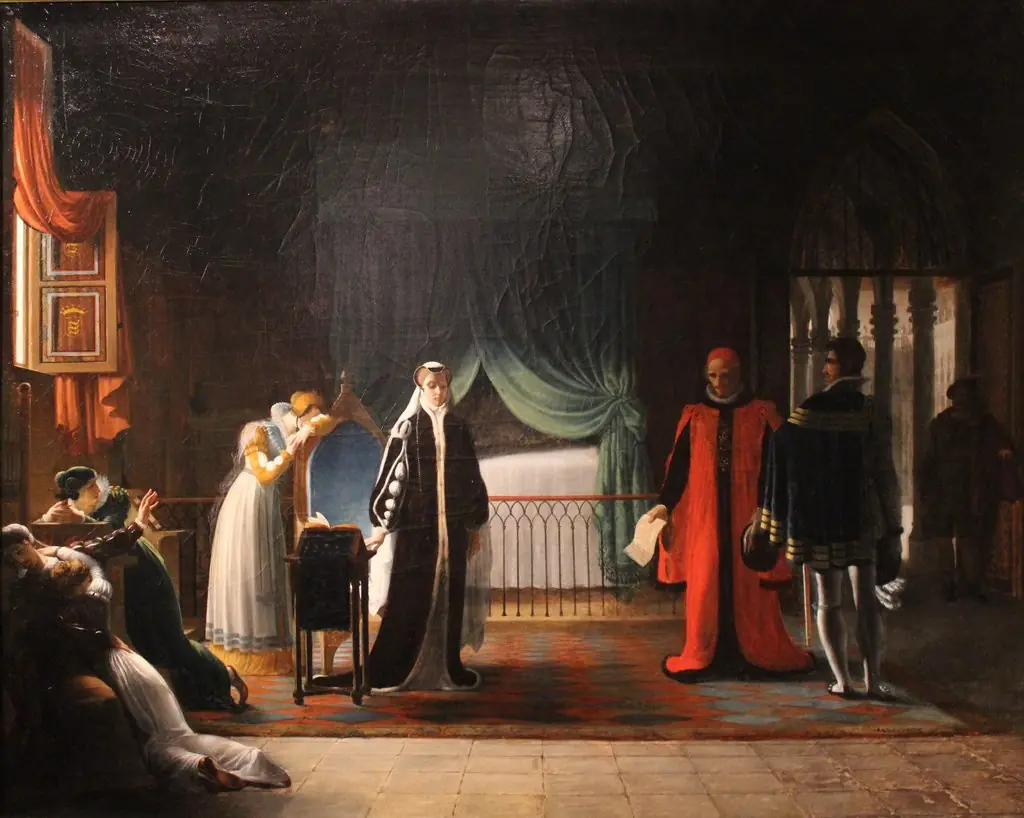 Marie Stuart, reine d'Écosse, recevant sa sentence de mort que vient de ratifier le Parlement by Jean-Baptiste Vermay, by Jean Baptiste Vermay, oil, 1809