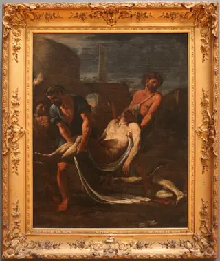 Saints Abdon en Sennen bury the bodies of the martyrized christians, by Guillaume Courtois, oil, 1663