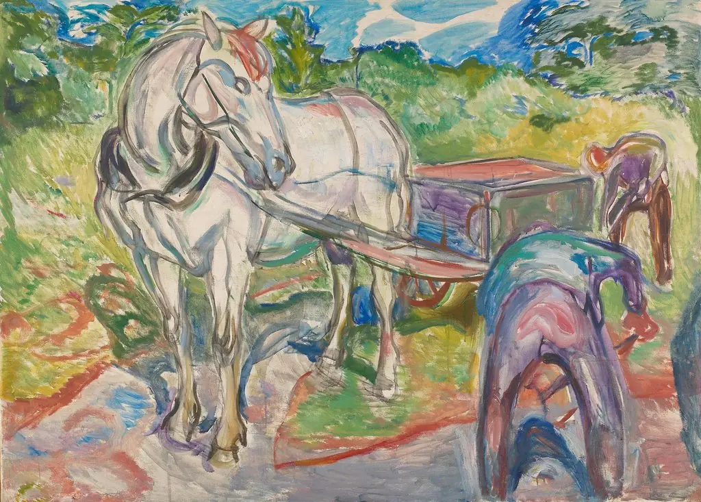 Digging Men with Horse and Cart, by Edvard Munch, oil, 1920