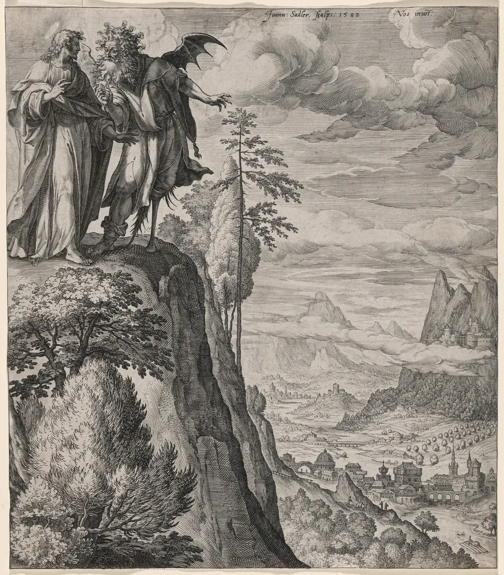 The Temptation of Christ, by Jan Sadeler I, ink, 1582