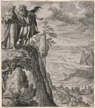 The Temptation of Christ, by Jan Sadeler I, ink, 1582