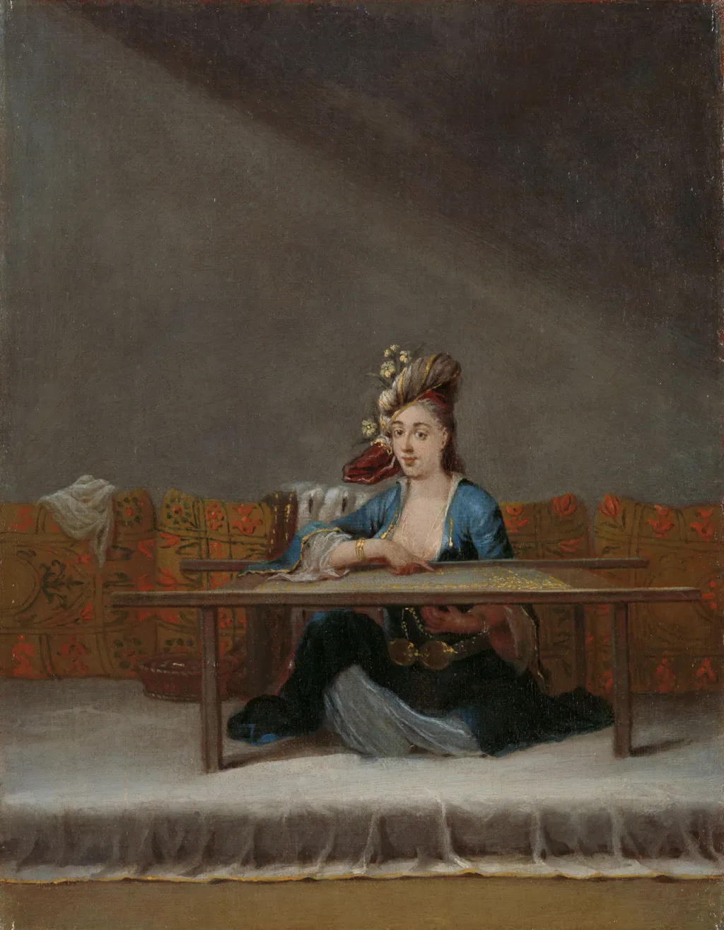 Turkish Woman at her Embroidery Frame, by Jean Baptiste Vanmour, oil, 1728