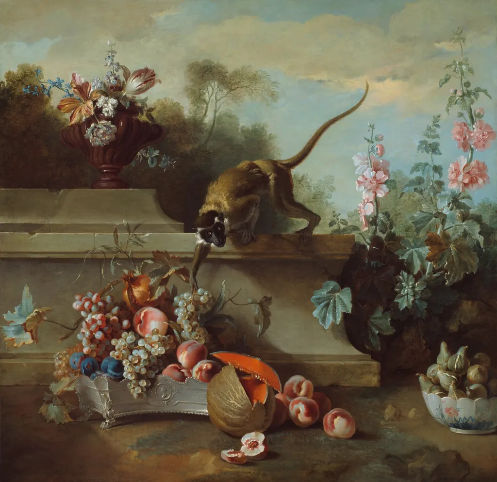 Still Life with Monkey, Fruits, and Flowers, by Jean-Baptiste Oudry, oil, 1724