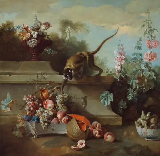 Still Life with Monkey, Fruits, and Flowers, by Jean-Baptiste Oudry, oil, 1724